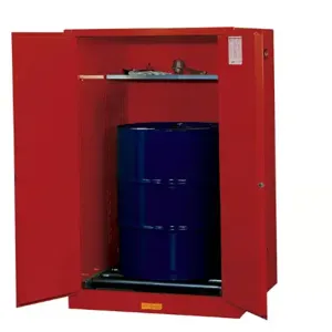 JUSTRITE 896261 Vertical Drum Cabinet, 1 Drum Vertical, 1 Shelf, 2 Doors, Manual Close, 55 Gallon, Red | CD8CXG