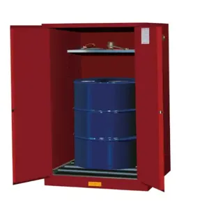 JUSTRITE 896271 Vertical Drum Cabinet, 1 Drum Vertical, 1 Shelf, 2 Doors, 55 Gallon, Red | CD8CXN