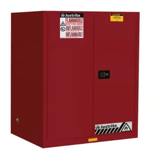 JUSTRITE 899021 Flammable Cabinet, 2 Shelves, 2 Doors, Self Close, 90 Gallon, Red | AA6ADF 13M573