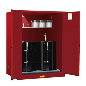 JUSTRITE 899061 Vertical Drum Cabinet, 1 Drum Vertical, 1 Shelf, 2 Doors, Manual Close, 30 Gallon, Red | CD8CYD