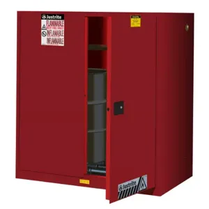 JUSTRITE 899071 Safety Cabinet, 2 Drum Vertical, 1 Shelf, 2 Doors, Self Close, 60 Gallon, Red | AA6ADJ 13M576