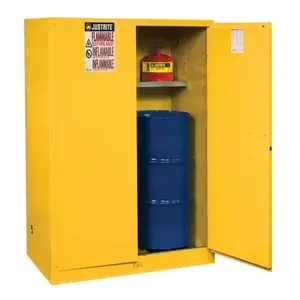 JUSTRITE 899100 Vertical Drum Cabinet, 1 Drum Vertical, 1 Shelf, 2 Doors, Manual Close, 55 Gallon, Yellow | CD8CYP 8991001