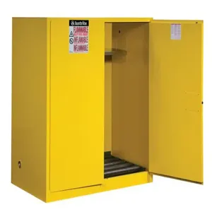 JUSTRITE 899160 Flammable Cabinet, 1 Drum Vertical, 1 Shelf, 2 Doors, Manual Close, 110 Gallon, Yellow | AB4LEX 1YNH2