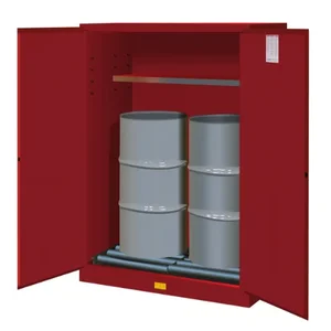 JUSTRITE 899161 Vertical Drum Cabinet, 2 Drum Vertical, 1 Shelf, 2 Doors, Self Close, 55 Gallon, Red | CD8CYX