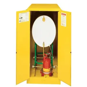 JUSTRITE 899300 Drum Safety Cabinet, Manual Close, 200L Capacity, 1270 x 762 x 1219mm Size, Yellow | AB4LEC JCB8993001, 8993001