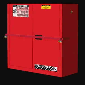 JUSTRITE SC29884R Flammable Cabinet With Steel Bar, Self Close, High Security, 45 Gallon, Red | CH6GBG