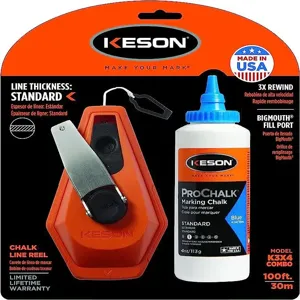 KESON K3X4B Chalk Line Reel Combo, With 4 oz. of Blue Chalk, 100 ft. Length, Rewind | CM7UYC