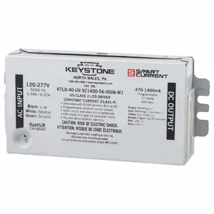 KEYSTONE TECHNOLOGIES KTLD-25-UV-SC1250-56-VDIM-W1-CP LED Driver, 1 Bulbs Supported, 120 to 277V AC, 10 to 56 V DC, 420 to 1250mA | CR6MGK 61DA20