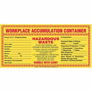 LABELMASTER WACCA8 California Waste Label, PVCF, PK 100 | CR8LWG 51ZW09