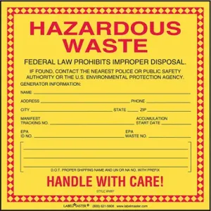 LABELMASTER WM87 Standard Waste Label, 6 Inch Sizex6 Inch Size, PK 100 | CR8LWQ 51ZW11