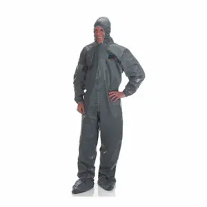 LAKELAND 51150-MD Hooded Chemical-Resistant FR Coveralls, Pyrolon, Welded Seam, Gray, M, Zipper, 6 PK | CR8MJE 48LZ80