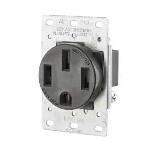 LEVITON 279-S00 Receptacle, Single, 14-50R, 50 A, 125/250V AC, Black, 3 Poles, Screw Terminals, Std Resist | CR9HYT 792TC1