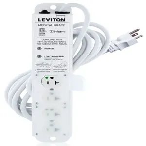 LEVITON 53C4M-2N5 Outlet Strip, 4 Outlets, 15 ft Cord Length, 20 A Max. Amps, Hospital Grade NEMA 5-20P | CR9HLD 791EC5