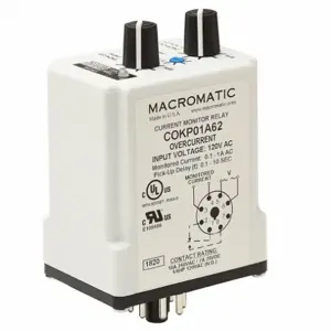 MACROMATIC COKP01A62-G Monitor Relay, Socket Mounted, 10 A Current Rating, 120V AC, Overcurrent, Pin | CR9ZKV 803F25