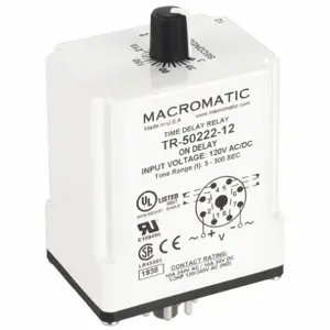 MACROMATIC TR-50222-12 Timer Relay, 5 Min., 8 Pin, 10A, 120V AC/DC | AB7KJX 23NU83