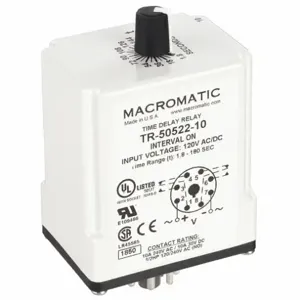 MACROMATIC TR-50522-10 Timer Relay, 180 Sec, 8 Pin, 10A, 120V AC/DC | AB7KKA 23NU94