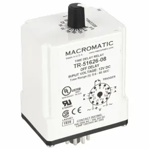 MACROMATIC TR-51626-08 Time Relay, Off Delay, 0.6 Sec, 12 VDC | AG3UFE 33VC21