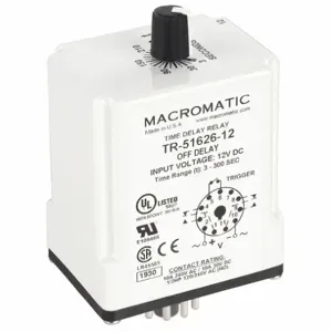 MACROMATIC TR-51626-12 Time Relay, Off Delay, 3 Sec, 12 VDC | AG3UFG 33VC23