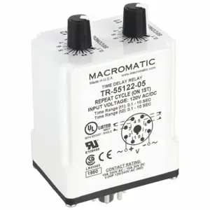 MACROMATIC TR-55122-05 Timer Relay, 10 Sec, 8 Pin, 10A, 120V AC/DC | AF7YTX 23NV13