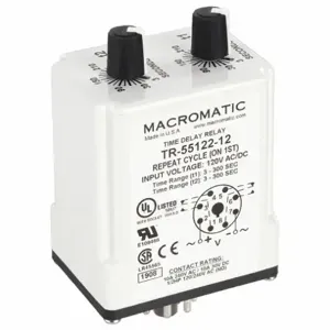 MACROMATIC TR-55122-12 Timer Relay, 300 Sec, 8 Pin, 10A, 120V AC/DC | AF7YUA 23NV18