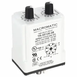 MACROMATIC TR-55126-08 Time Relay, Repeat Cycle, 0.6 Sec, 12 VDC | AG3UFQ 33VC31