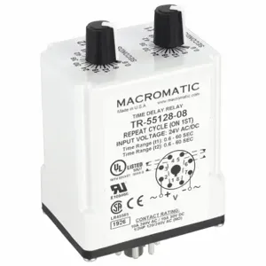 MACROMATIC TR-55128-08 Timer Relay, 60 Sec, 8 Pin, 10A, 24V AC/DC | AF7YUD 23NV21