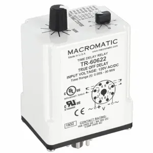 MACROMATIC TR-60622 Timer Relay, 30 Min., 8 Pin, 10A, 120V AC/DC | AE7BKK 5WMJ9