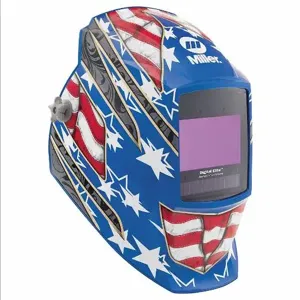 MILLER ELECTRIC 289759 Welding Helmet, Auto-Darkening, 4 Arc Sensors, Blue, Stars and Stripes, 9.22 sq. in. | CN2QTN 264852 / 34C385