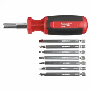 MILWAUKEE 48-22-2132 Multi-Bit Screwdriver, #1/1/4 In/#2/3/16 In/4 In/6 In/Sq1/Sq2 Tip Size, 9 Tips, Magnetic | CT3MRB 494M77