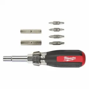 MILWAUKEE 48-22-2880 Multi-Bit Screwdriver, #1/1/4 In/#2/3/16 In/Sq1/Sq2 Tip Size, 12 Tips | CT3MRC 483K40