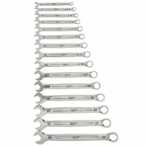 MILWAUKEE 48-22-9515 Combination Wrench Set, Alloy Steel, Chrome, 15 Tools, 8 mm to 22 mm Range of Head Sizes | CT3HRG 55KM58