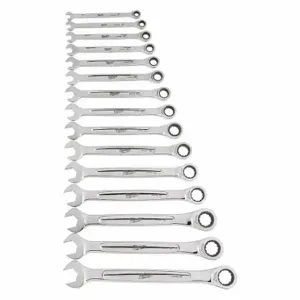 MILWAUKEE 48-22-9516 Combination Wrench Set, Alloy Steel, Chrome, 15 Tools, 8 mm to 22 mm Range of Head Sizes | CT3HRF 55KM60