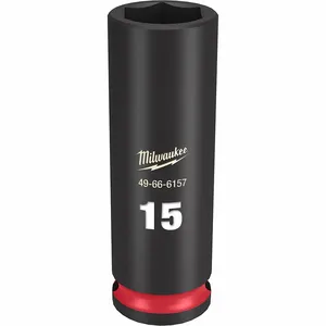 MILWAUKEE 49-66-6157 Deep Impact Socket, 3/8 Inch Drive Size, 15 mm Socket Size, 6-Point, Deep, Black Phosphate | CT3LNT 61DK74