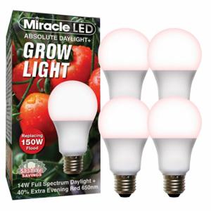 MIRACLE LED 601815 Glühbirne, Red Spc DaylPlus Grow LED, PK 4, A19, 150 W INC Watt Eq, 120 V, 14 W Watt, LED | CT3QHF 61KV32