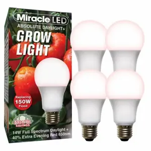 MIRACLE LED 601815 Light Bulb, Red Spc DaylPlus Grow LED, PK 4, A19, 150W INC Watt Eq, 120 V, 14 W Watts, LED | CT3QHF 61KV32