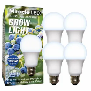 MIRACLE LED 601817 Light Bulb, Blue Spc DaylPlus Grow LED, PK 4, A19, 150W INC Watt Eq, 120 V, 14 W Watts | CT3QJA 61KV34