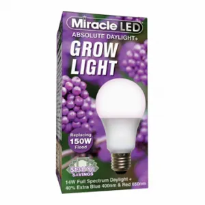 MIRACLE LED 601818 Light Bulb, Red/Blue Spc DaylPlus Grow LED, A19, 150W INC Watt Eq, 120 V, 14 W Watts, LED | CT3QHP 61KV35