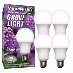 MIRACLE LED 601819 Light Bulb, Red/Blue Spc DaylPlus Grow LED, PK 4, A19, 150W INC Watt Eq, 120 V, 14 W Watts | CT3QHQ 61KV36