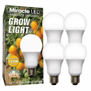 MIRACLE LED 601821 Light Bulb, Multi Spc DaylPlus Grow LED, PK 4, A19, 150W INC Watt Eq, 120 V, 14 W Watts | CT3QHB 61KV38