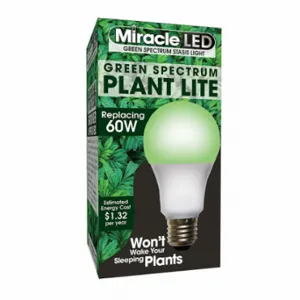 MIRACLE LED 601822 Light Bulb, Green Spc Grow Room LED, A19, 60W INC Watt Eq, 120 V, 11 W Watts, LED | CT3QGZ 61KV39