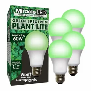 MIRACLE LED 601823 Light Bulb, Green Spc Grow Room LED, PK 4, A19, 60W INC Watt Eq, 120 V, 11 W Watts, LED | CT3QHA 61KV40