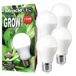 MIRACLE LED 601827 Light Bulb, Full Spc Ultra Grow LED, PK 4, A19, 150W INC Watt Eq, 120 V, 12 W Watts, LED | CT3QGX 61KV44