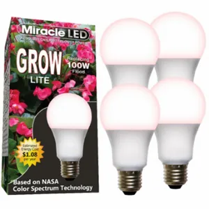 MIRACLE LED 601829 Light Bulb, Red Spc Dayl Grow LED, PK 4, A19, 100W INC Watt Eq, 120 V, 9 W Watts, LED | CT3QHD 61KV46