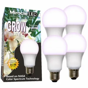 MIRACLE LED 601833 Light Bulb, Red/Blue Spc Dayl Grow LED, PK 4, A19, 100W INC Watt Eq, 120 V, 9 W Watts, LED | CT3QHN 61KV50