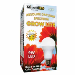 MIRACLE LED 601834 Light Bulb, Full Spc Dayl Grow LED, A19, 100W INC Watt Eq, 120 V, 9 W Watts, LED | CT3QHY 61KV51