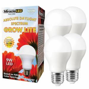 MIRACLE LED 601835 Light Bulb, Full Spc Dayl Grow LED, PK 4, A19, 100W INC Watt Eq, 120 V, 9 W Watts, LED | CT3QGN 61KV52