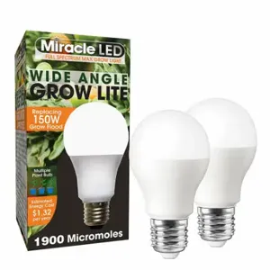 MIRACLE LED 602141 Light Bulb, Full Spc Mlt Pt LED Grow, PK 2, A19, 150W INC Watt Eq, 120V, 11 W Watts, LED | CT3QGU 655Y28