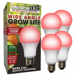 MIRACLE LED 602146 Light Bulb, Red Spc Wide Angle Mlt Pt, PK 4, A19, 150W INC Watt Eq, 120V, 11 W Watts, LED | CT3QHL 655Y33