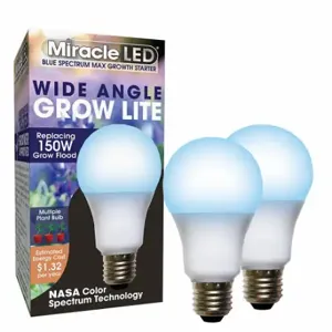 MIRACLE LED 602149 Light Bulb, Blue Spc Mlt Pt LED Grow, PK 2, A19, 150W INC Watt Eq, 120V, 11 W Watts, LED | CT3QGK 655Y36