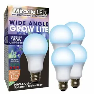 MIRACLE LED 602150 Light Bulb, Blue Spc Mlt Pt LED Grow, PK 4, A19, 150W INC Watt Eq, 120V, 11 W Watts, LED | CT3QGL 655Y37